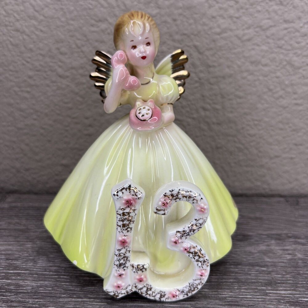 Vintage JOSEF ORIGINALS Birthday Girl Angel Figurine Age 13 Japan Foil Sticker